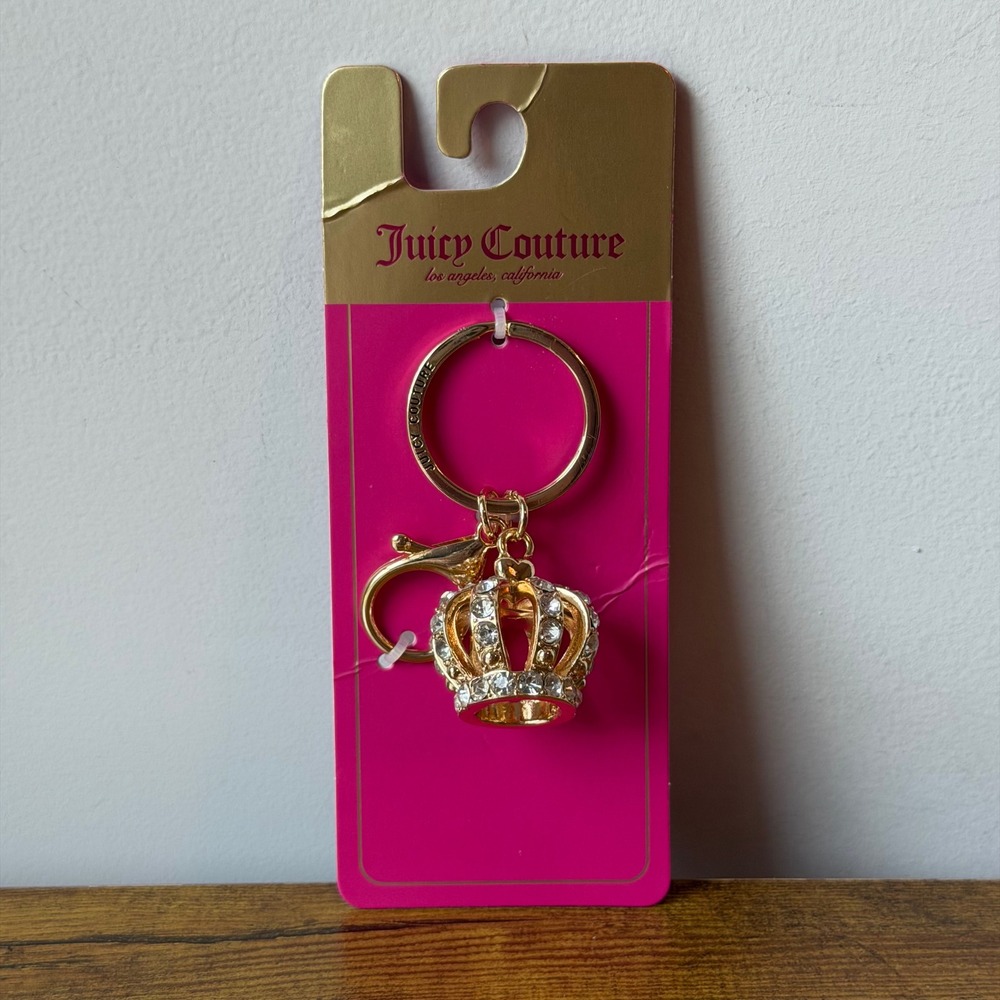 NWT Juicy Couture Gold Crown Royal Rhinestones Keychain Bag Charm Cute